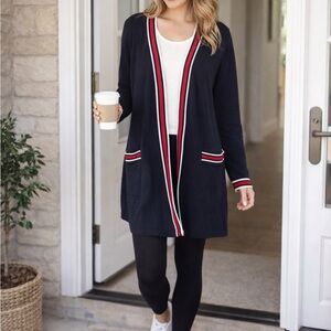 Wantable Women's Navy Open Front Cardigan with Red and White Trim